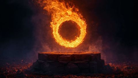 Levitation of flaming ring above stone altar creating fiery ritual glow for fantasy concept art