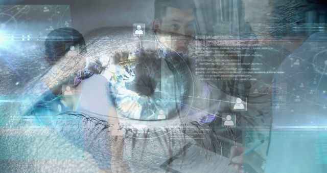 Image of eye and data processing with globe over diverse doctors. Global medicine, healthcare and digital interface concept digitally generated image.