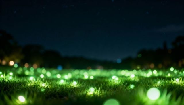 Glowing meadow carpet of green bokeh lights at night creating magical bioluminescent field