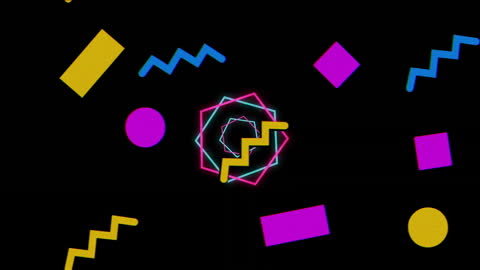Colorful Neon Shapes and Patterns on Black Background