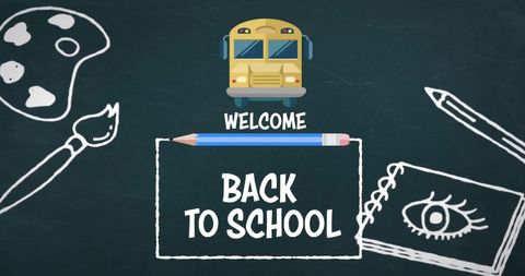 Welcome Back to School Chalkboard with Bus and Supplies