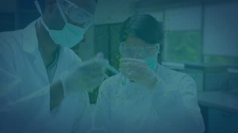 Laboratory Scientists Studying Samples with Digital Graphic Overlay