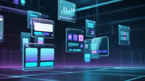 Futuristic Holographic Data Panels in 3D Neon Grid