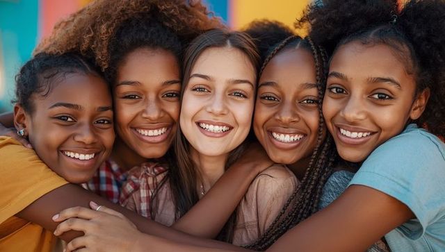 Teenage Girls Hugging in Front of Vibrant Urban Mural