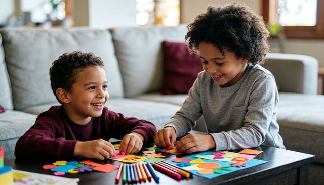 Two boys making colorful paper crafts on living room table with colored pencils