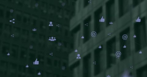 Digital Network Icons Overlaying Urban Cityscape Infrastructure