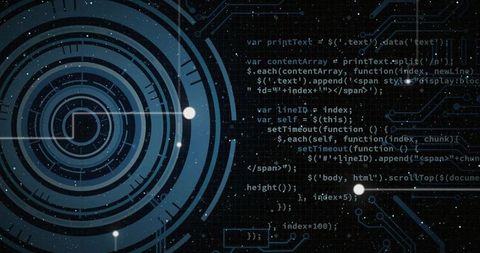 Futuristic hud interface rotating concentric circles, code overlay and glowing nodes