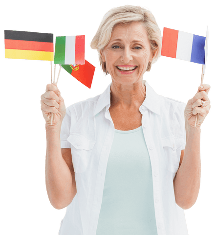 happy caucasian woman holding various national flags transparent background - Download Free Stock Videos Pikwizard.com