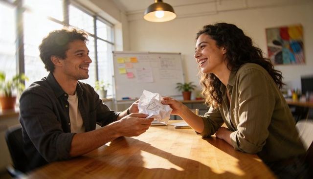 Creative coworkers exchanging crumpled star sketch during brainstorming in open office studio