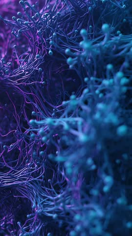 Panning through glowing purple and blue filaments — futuristic biomolecular vertical video