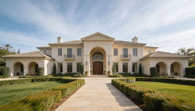 Mediterranean manor with grand arched portico, symmetrical boxwood garden and stone walkway