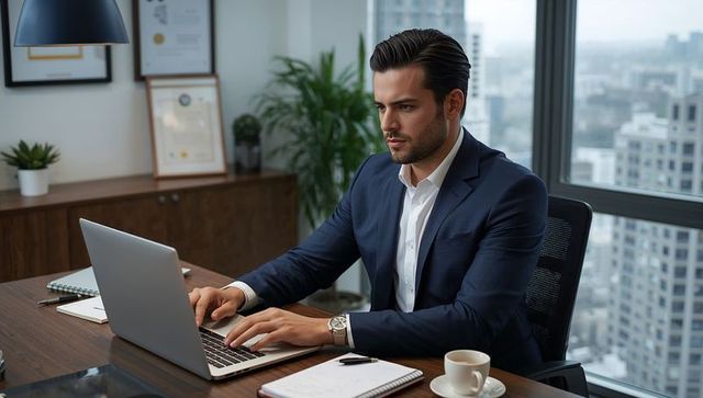 Focused businessman typing on laptop in modern high-rise office with city skyline view