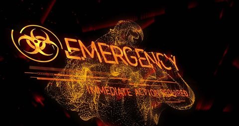 Holographic Emergency Alert with Biohazard Symbol in Dark Interface