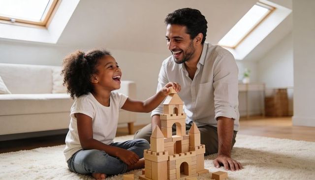 Father and daughter building wooden block castle in bright loft — family playtime