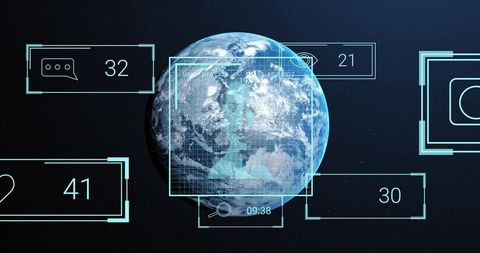 Earth hud displaying holographic orbital data and futuristic cyan interface panels