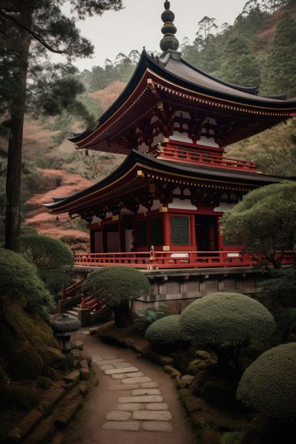 This image depicts a traditional Japanese temple with a red pagoda structure, situated in a lush, tranquil garden. The stone pathway leads visitors to the temple, surrounded by meticulously maintained greenery and trees. This scene is ideal for use in travel brochures, websites focusing on cultural or historical themes, Zen gardens, and Asian architecture. It evokes a sense of calm and cultural richness, perfect for meditation applications, travel blogs, or garden design inspiration.