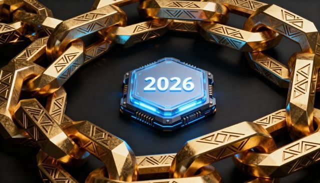 Glowing 2026 hexagonal token emitting cyan led light surrounded by ornate gold chain