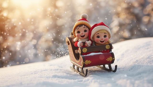 Playful children riding ornate red sleigh on snowy slope with warm bokeh winter sunlight