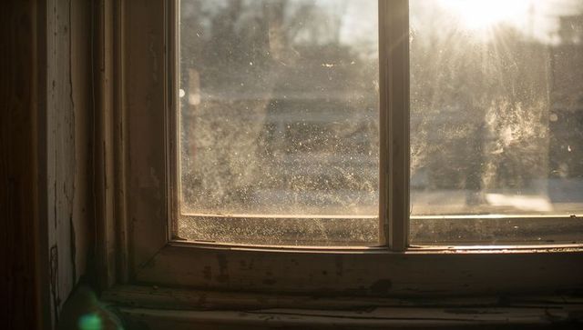 Sunlit Weathered Wooden Window with Dusty Panes and Peeling Paint at Golden Hour