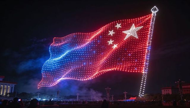 Drone light chinese flag waving over urban plaza at night spectacular aerial display