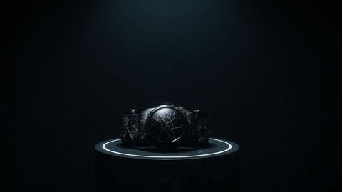 Elegant black wristwatch with spider web design on lit pedestal