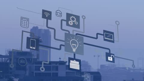 Digital Network Overlay with Connected Technology Icons on Cityscape