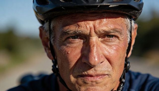 Intense sweating senior cyclist straining on sunlit country road wearing helmet and gear