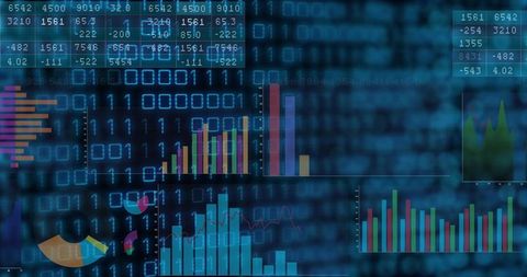 Digital data dashboard with binary overlay, colorful charts and financial analytics interface