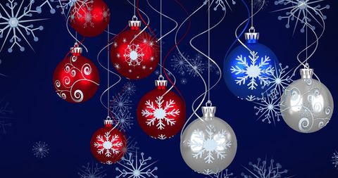 Colorful Christmas Baubles with Snowflakes on Blue Background