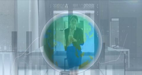 Ambitious Businesswoman with Digital Globe and Financial Data