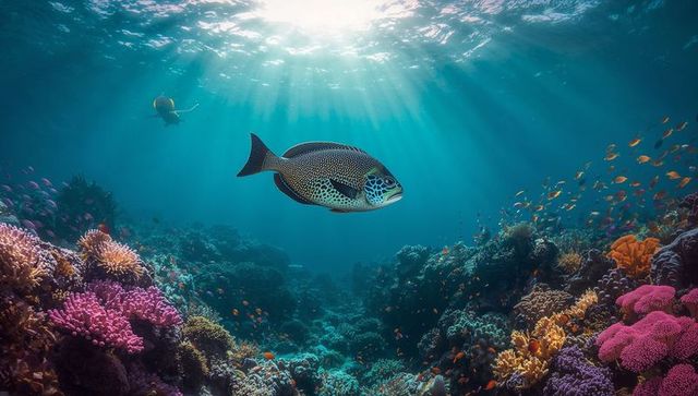 Solitary spotted reef fish hovering over sunlit tropical coral reef, schooling orange fish