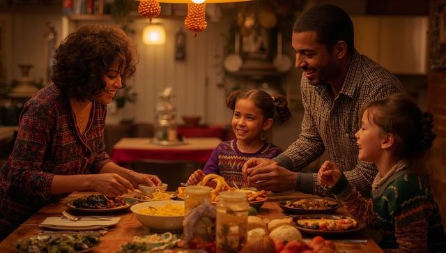 Family passing bread around cozy autumn dinner table warm kitchen gathering smiles