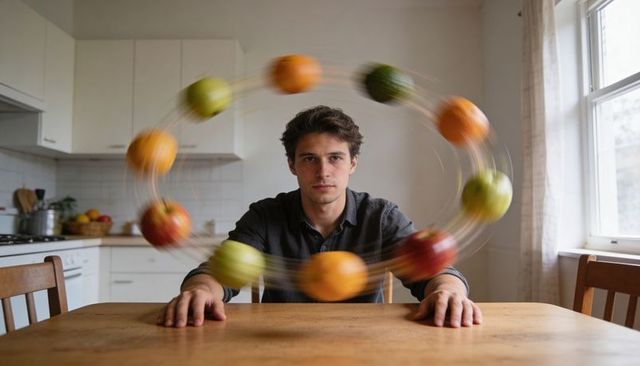Young man sitting at kitchen table spinning ring of fruit, creative lifestyle concept
