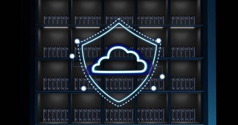 Neon cloud security shield hovering over server racks cybersecurity data center concept