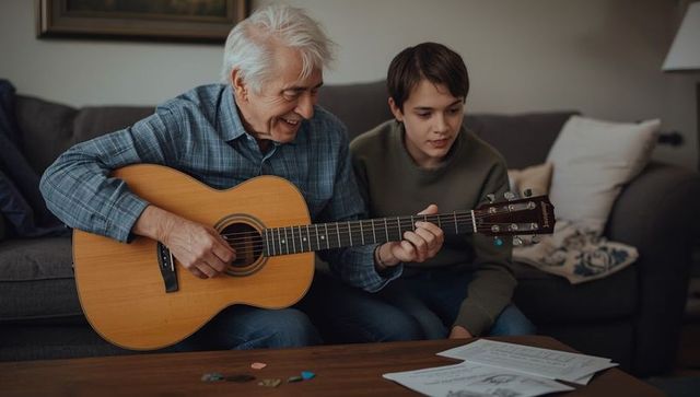 Grandfather and Teen Bonding Over Guitar Lessons at Home