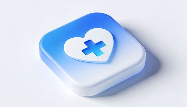 3d blue medical heart-plus app icon on rounded square button with soft gradient