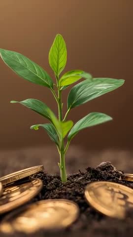 Growing green seedling sprouting from soil among Bitcoin coins vertical finance video
