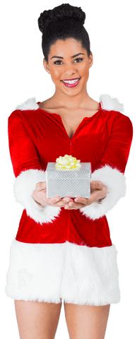 Happy latina woman in santa costume giving gift transparent background