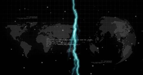 Dotted World Map with Futuristic Lightning Software Code Graphics