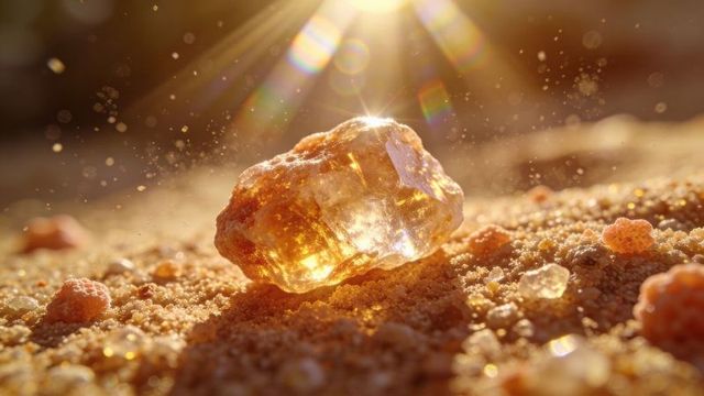 Glittering golden crystal refracting sunlight on sand — macro prism glow