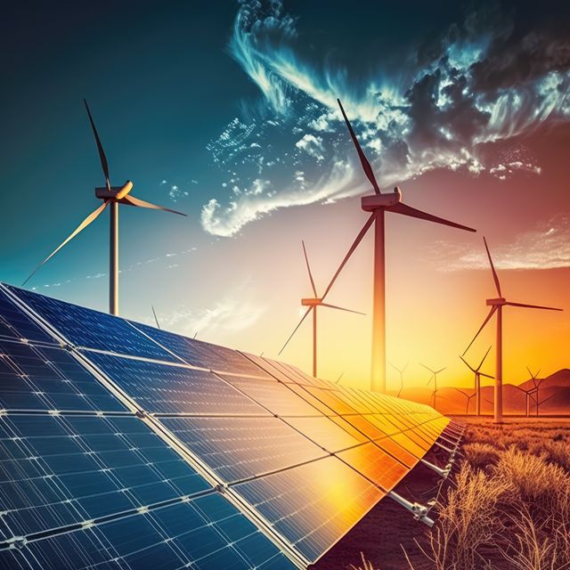 Depicting a scene of solar panels and wind turbines at sunset, this powerful and vibrant image highlights aspects of renewable energy and sustainability. Ideal for websites, blogs, and promotional materials focusing on clean energy, environmental conservation, and green technology. Perfect for illustrating concepts in sustainability reports, eco-friendly innovations or articles about solar and wind power advancements.