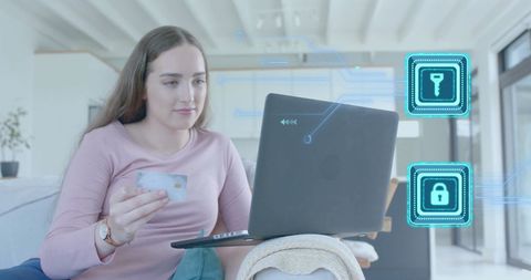 Woman making online payment with digital security icons