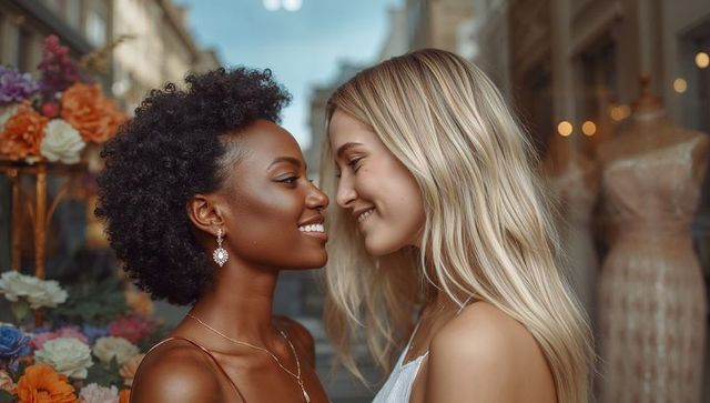 Smiling Black and White women leaning in boutique window showing jewelry and flowers