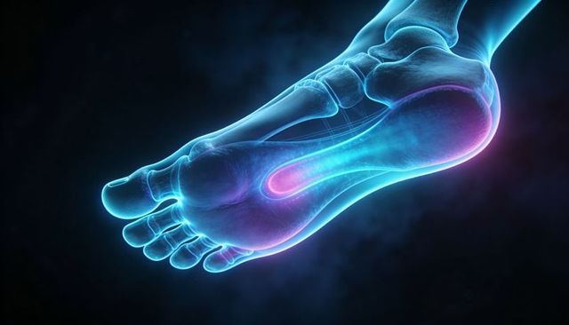 Translucent 3d foot showing plantar arch, bones and soft tissue - medical anatomy render
