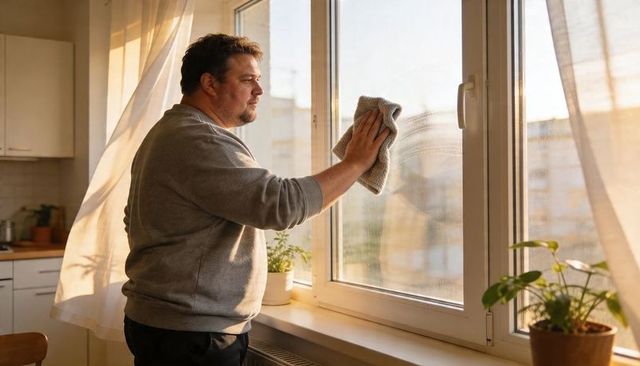 Middle-aged man cleaning sunlit kitchen window wiping double-pane glass with cloth