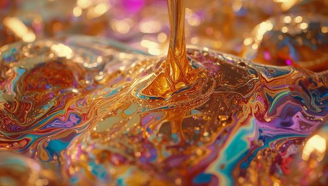 Liquid gold rippling on iridescent surface with vivid swirls