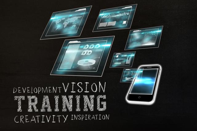 Futuristic digital interfaces with holographic screens and a smartphone, showcasing concepts of training, development, vision, creativity, and inspiration. Ideal for use in technology, business, and educational materials to illustrate modern and innovative approaches to learning and professional growth.