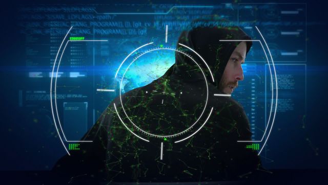 Male hacker wearing hood in digital environment with high-tech viewfinder analyzing data. Ideal for illustrating cybercrime, digital security protocols, data privacy, hacking prevention, cybersecurity concepts, and technological advancements in cyber protection.