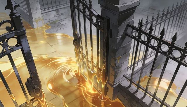 Molten gold flowing through open iron gate over stone courtyard with reflective drips