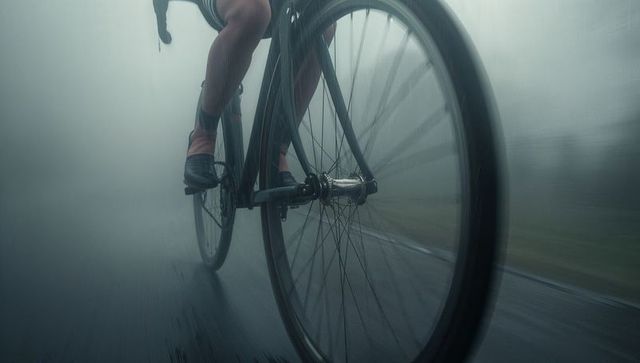 Cyclist pedaling on foggy wet road with intensity